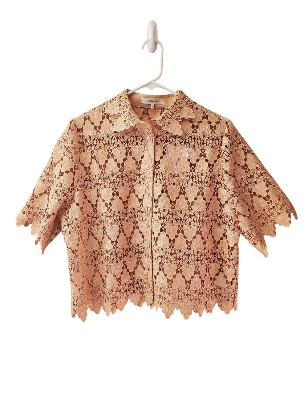 FRAME The Lace Button Up Top Blush Large Scalloped Edges